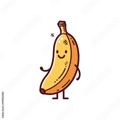 A cute, anthropomorphic cartoon banana with a smiling face and arms raised in a friendly gesture.