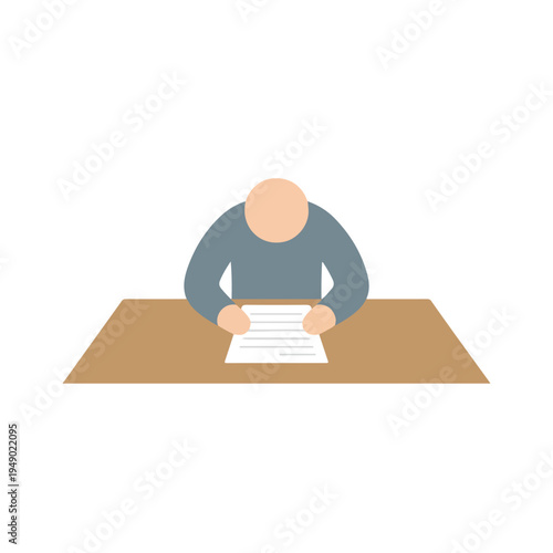 A minimalist illustration of a faceless person sitting at a brown desk, intently reading a document.
