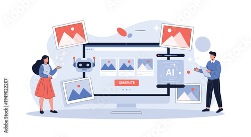 Artificial intelligence image generation concept featuring people using ai technology to create scenic landscape photos on computer monitor.