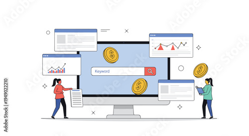 Keyword research and financial seo strategy showing computer monitor with search bar, dollar coins, data charts, and female analysts.