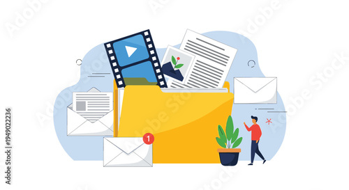 Digital file organization and data storage concept featuring large folder with media files, documents, email envelopes, and tiny person.