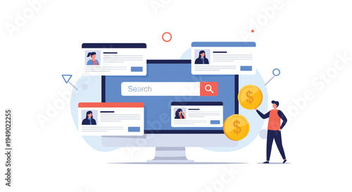 Online recruitment and paid job search concept showing computer monitor with user profiles, search bar, and man holding dollar coin.