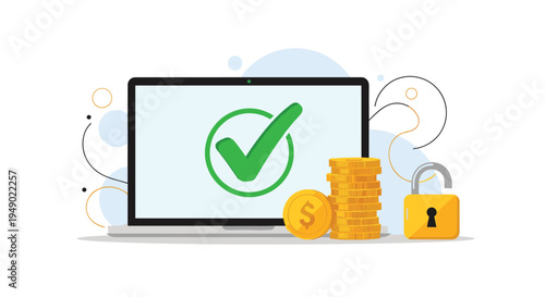 Secure payment and successful transaction concept featuring laptop screen with checkmark, gold coin stacks, and open security padlock.
