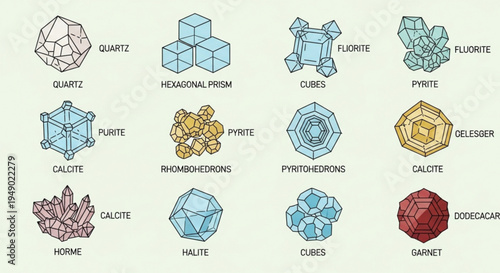 Various mineral crystals and gemstones with labels on light background