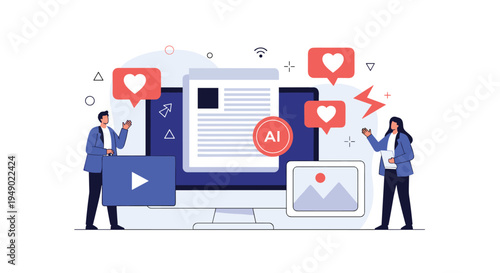 Artificial intelligence content creation and social engagement featuring people using ai for generating text, video, and image posts.