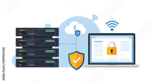 Secure cloud storage and network server protection showing server racks, laptop computer, and cloud icon with protective shields.