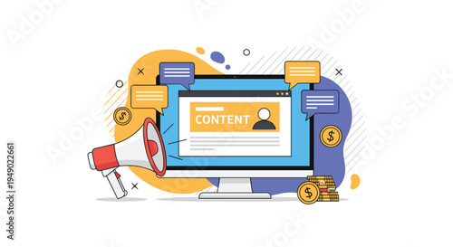 Content marketing strategy and online monetization concept showing a megaphone promoting digital content on a computer screen with coins.