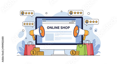 Online shopping promotion and customer feedback concept with a computer monitor showing a store interface and shopping bags.