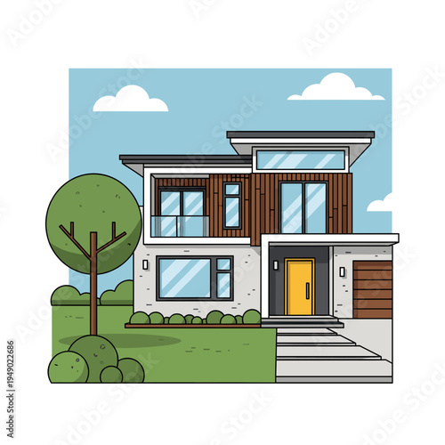 A modern, two-story residential house with a yellow front door, large windows, and a garage, set against a blue sky with clouds and a green lawn with a tree.