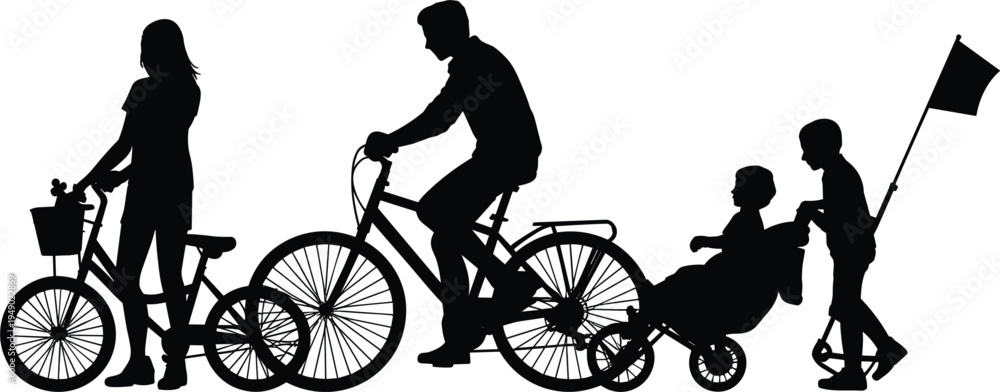 Obraz premium Silhouette of family with bicycles and stroller, parents and children outdoor activity vector illustration set