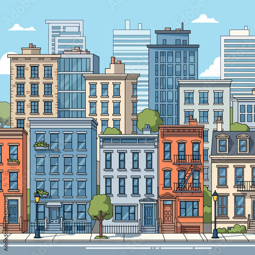Vibrant cartoon illustration of a bustling city street with colorful townhouses and tall buildings under a clear blue sky.