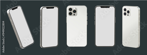 Set of 5 realistic white smartphone mockups vector with blank screens, front and back views, for app UI/UX design and website presentation