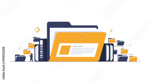 Digital document management and file organization system concept with a large yellow folder holding records in a complex directory.