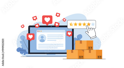 Online product review and customer satisfaction concept featuring a laptop with user profiles and five star rating icons on boxes.