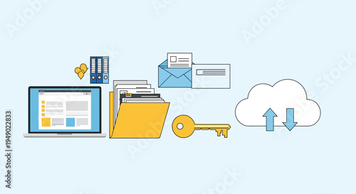 Cloud storage and file synchronization concept with a laptop connected to an online drive for uploading and downloading documents.