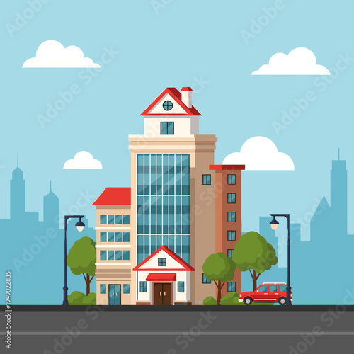 Modern and traditional building complex with a red car and streetlights in a city landscape illustration.