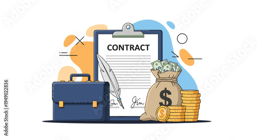 Business contract signing and financial agreement concept with a legal document briefcase and a large bag of money and coins.