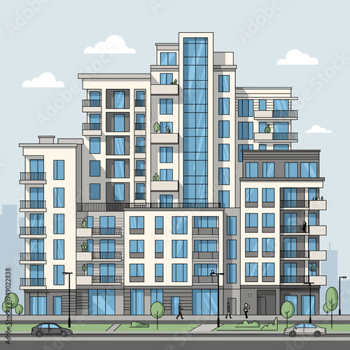 Modern multi-story apartment building with balconies and ground-floor shops, featuring cars and people on the street in a contemporary urban illustration.