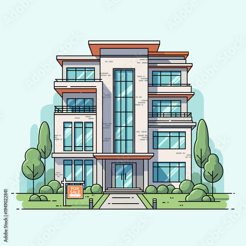 Modern multi-story residential building with balconies and landscaped yard, featuring a 'for sale' sign, illustrated in a clean vector style.