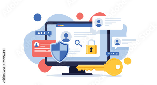 Personal data protection and internet privacy concept showing a computer screen with user profiles and security shield and key icons.