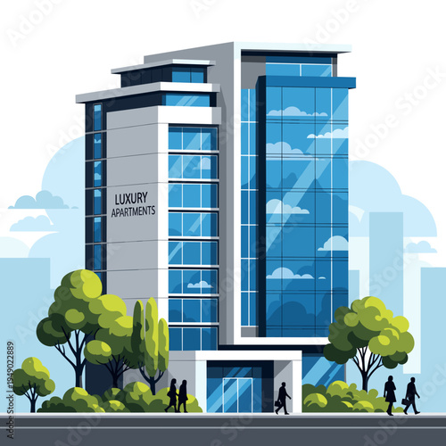Modern luxury apartment building with blue glass windows and trees, featuring people walking on the sidewalk in a city setting.
