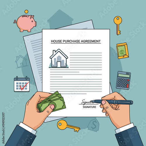 Hands signing a house purchase agreement with money, keys, and financial tools around, symbolizing a real estate transaction.