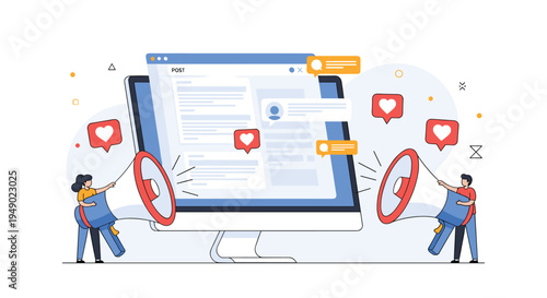 Viral marketing and online advertising campaign concept with people using megaphones to promote digital content on a large monitor.