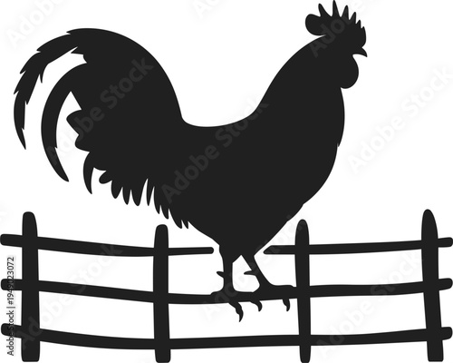 Silhouette of rooster standing on wooden fence, farm animal chicken, morning sunrise vector illustration set