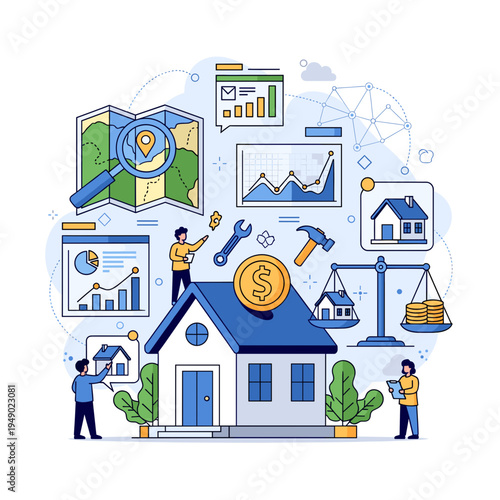Illustrative concept of real estate investment and property management, showcasing financial analysis, market research, and home ownership.