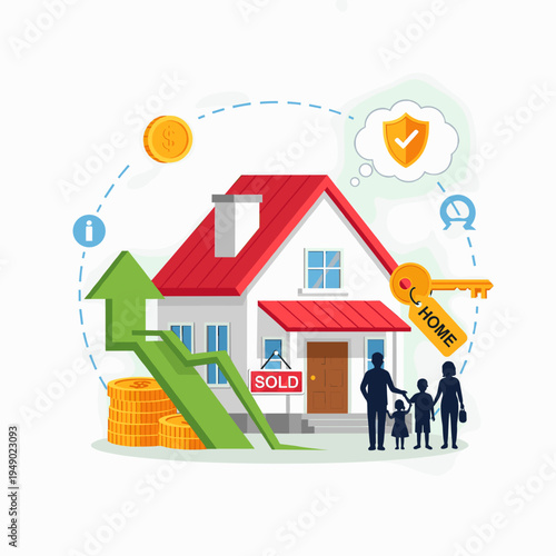 Illustration of a family standing in front of a house with a 'Sold' sign, symbolizing homeownership and financial growth with coins and an upward arrow.