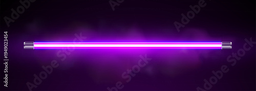 Bright purple neon tube light on a dark smoky background. Creates a modern, futuristic glow.