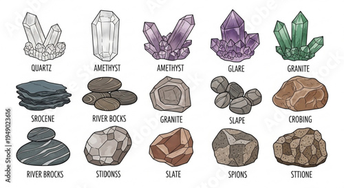 Collection of various minerals and rocks including quartz amethyst granite slate and river rocks in a detailed illustration