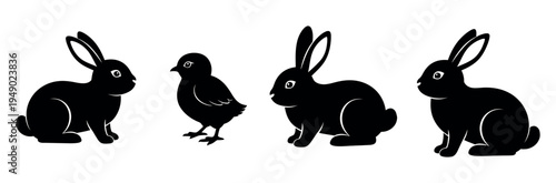 Black silhouettes of three rabbits and one bird on white background