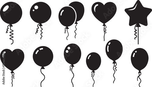 Black balloons and star shapes on white background illustration