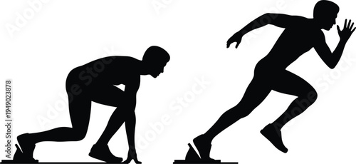 Silhouette of sprinter starting race on blocks, athlete running fast, sports competition vector illustration set