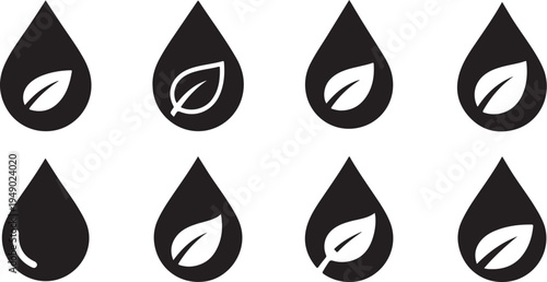 Eco friendly leaf water drop icons on white background