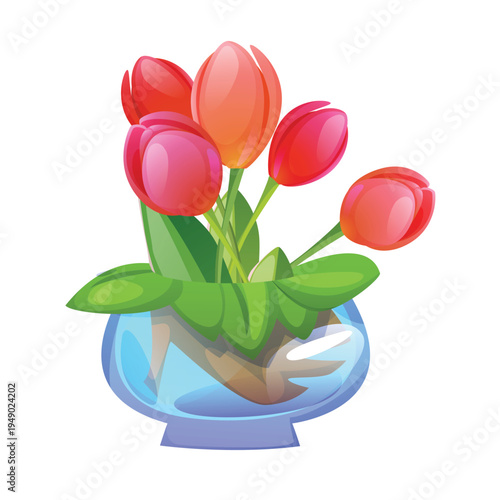 Illustration with flowers in different flowerpots with flower pot in flat