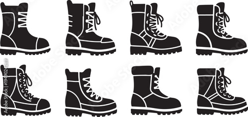 Collection of black boots with white outlines and laces