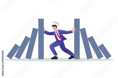 Businessman stopping falling dominoes for crisis management and responsibility concept