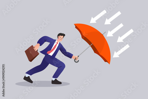 Business protection and crisis management concept with businessman holding umbrella against arrows, flat vector illustration