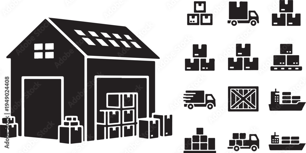 Obraz premium Warehouse and logistics icons in black and white illustration