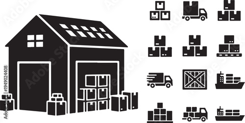 Warehouse and logistics icons in black and white illustration
