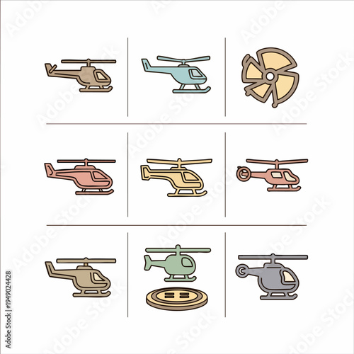 A collection of colorful, flat design icons depicting various helicopters and a rotor blade, presented in a clean grid layout on a white background.