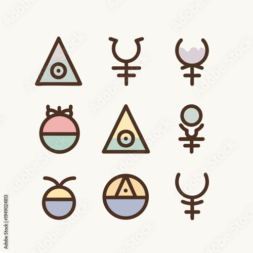 A collection of nine flat design esoteric symbols, including triangles with eyes and astrological icons, arranged in a grid with a soft pastel color palette on a light background.