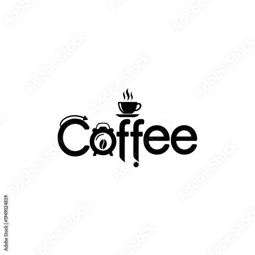 Stylish Coffee Wordmark Logo Incorporating Alarm Clock and Hot Beverage Cup. Perfect for Cafes, Morning Routines, and Time-Themed Beverage Brands.