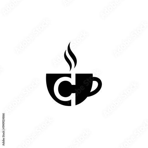 Minimalist black and white logo of a coffee cup with a steaming effect and the letter C integrated into the design