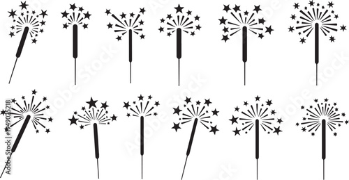 Black and white fireworks illustrations on white background