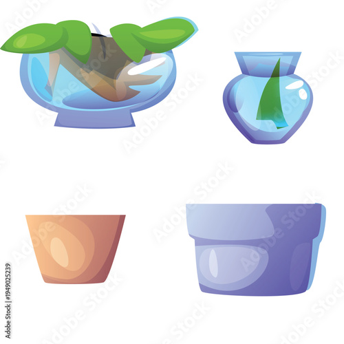 Illustration with flowers in different flowerpots with flower pot in flat