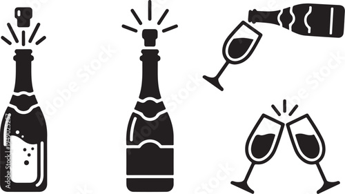 Black and white champagne bottles and glasses celebration icons