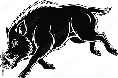 Black and white illustration of a boar in motion